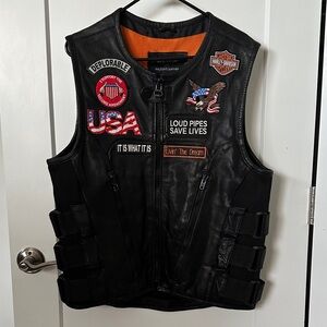Black Leather Biker Vest with Multiple Harley-Davidson & Other Patches
